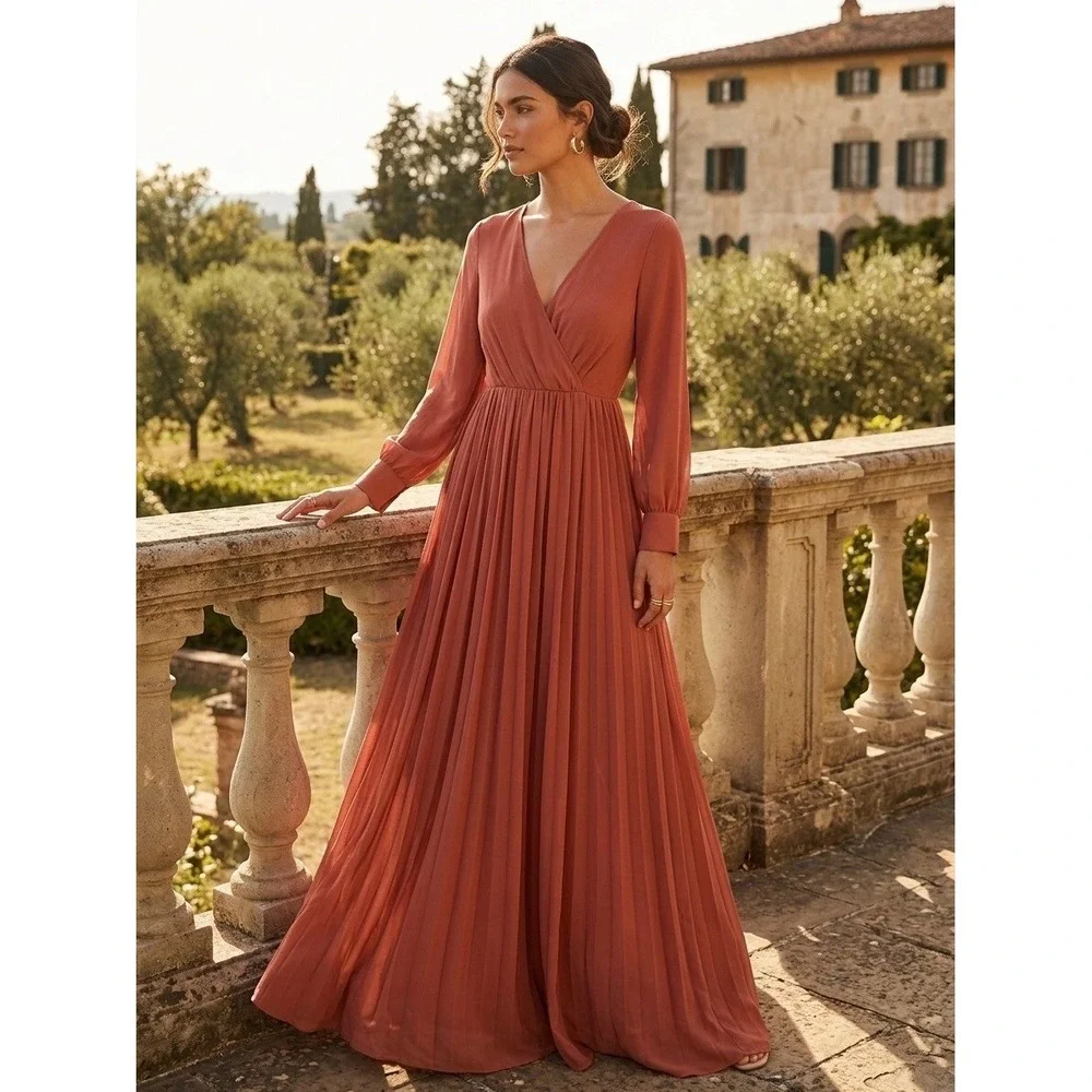Baltic Born Lydia Maxi Dress Rust Terracotta Pleated Long Sleeve Gown Size M